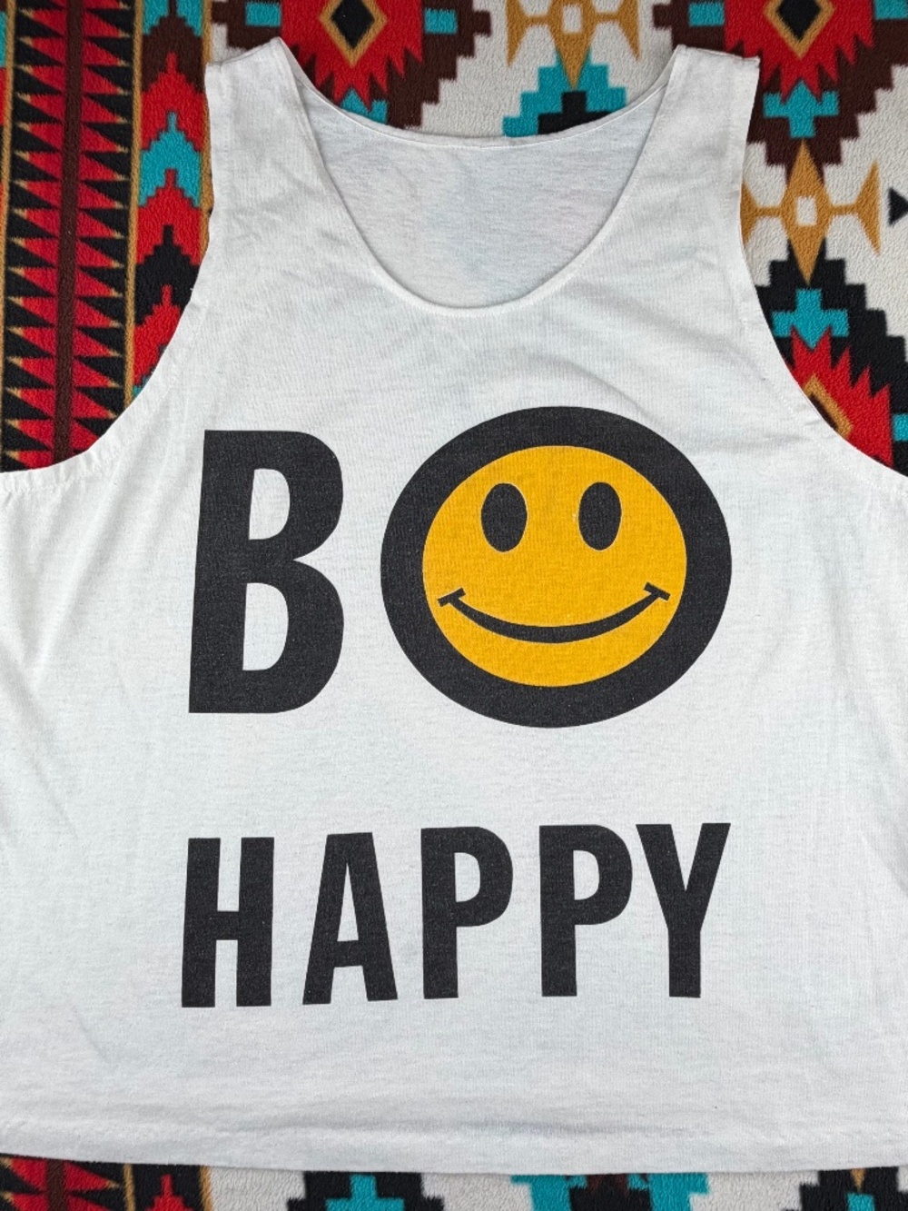 Vintage 90s Be Happy Smiley Face Tank Top Medium White Graphic Sleeveless Tee